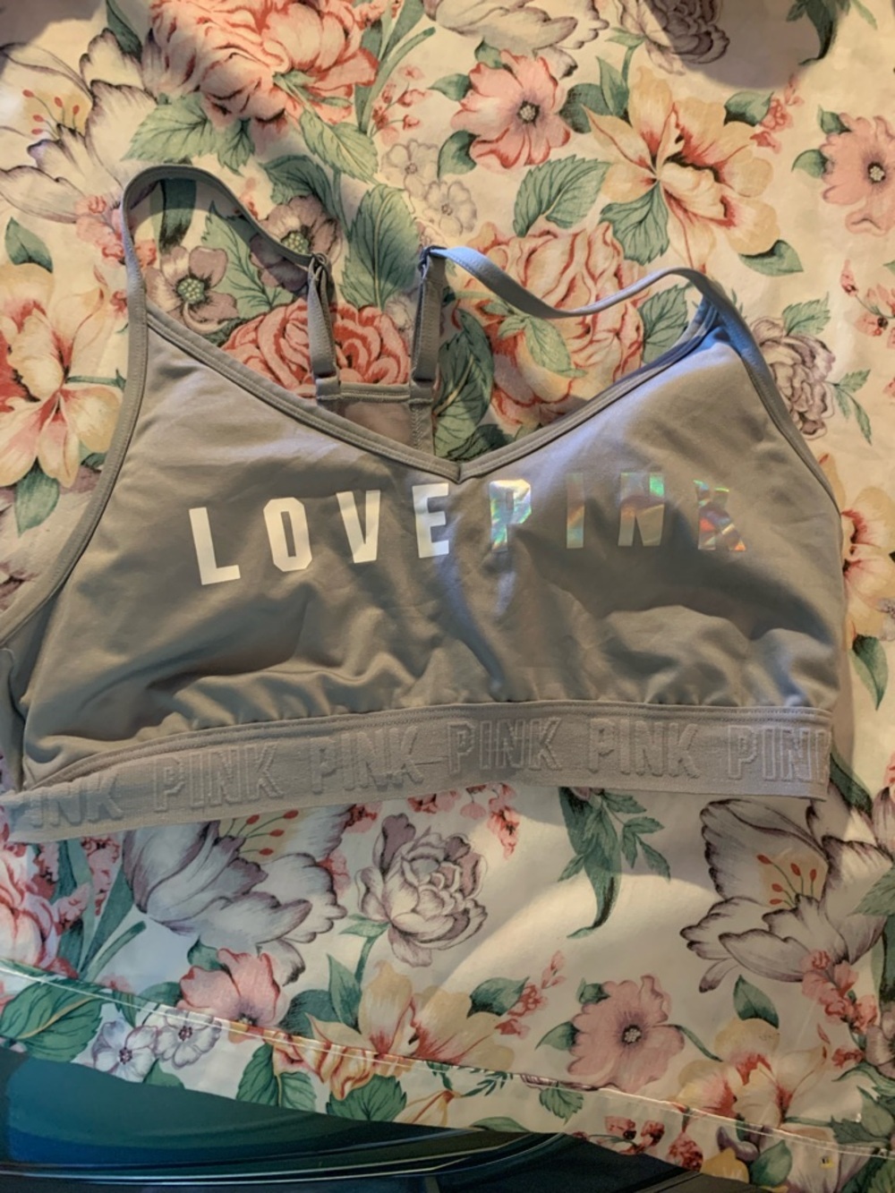 PINK Victoria's Secret Light Taupe Holographic LOVE PINK Sports Bra
size XL